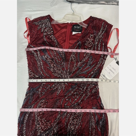 NWT $598 Mac Duggal [ 12 ] Intricate Beaded V-Neck High Slit Gown Burgundy‎ Red - Picture 3 of 15